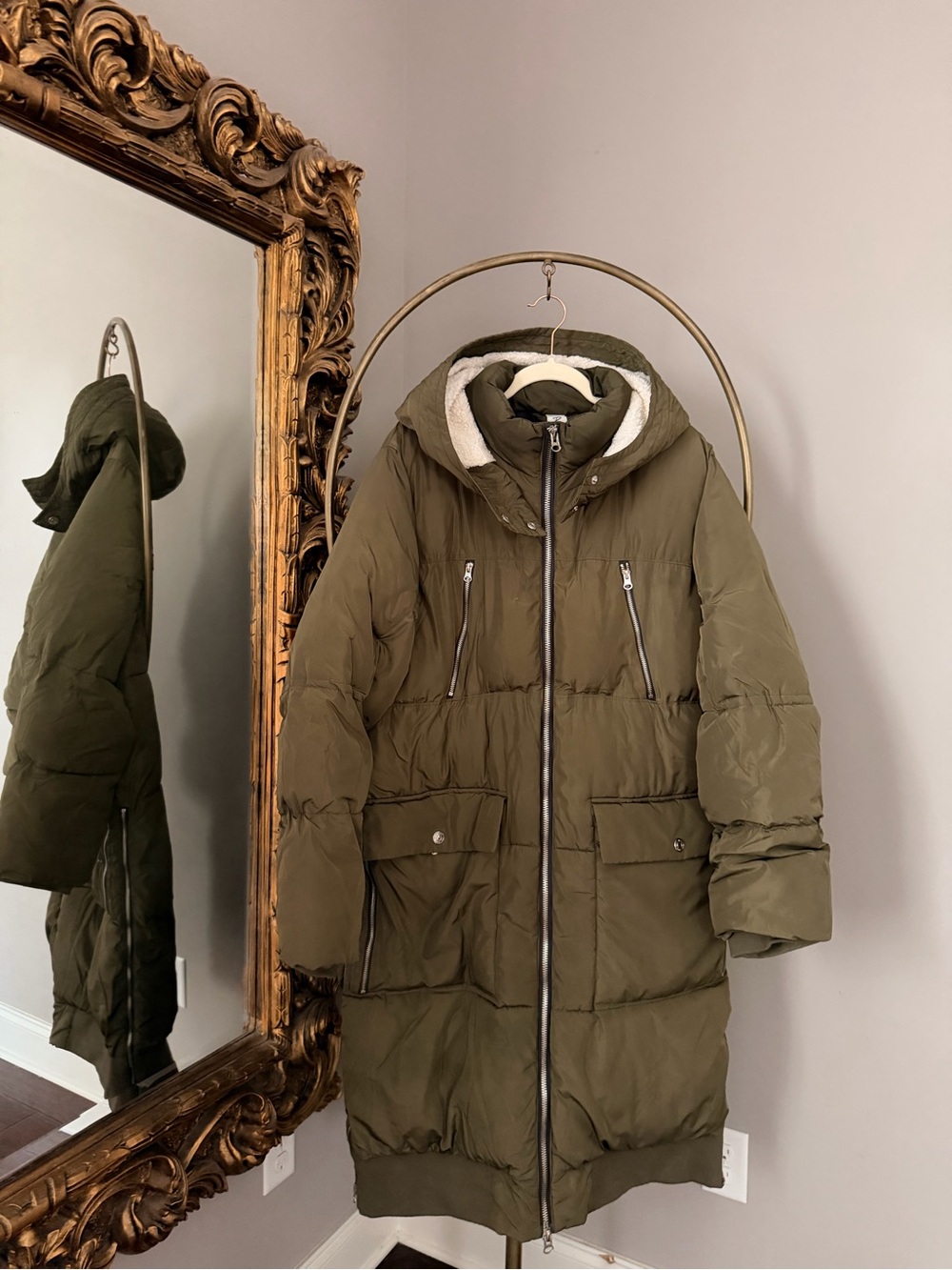 Free People Oslo Jacket- Olive Hooded Long Puffer Coat